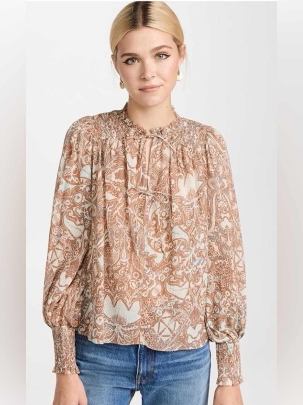 Ulla Johnson Taupe & Cream Paisley Tie-Neck Blouse